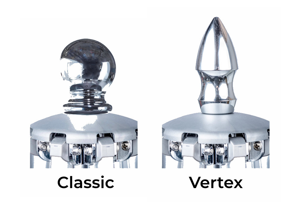 Close-up of commercial umbrella finial options including classic ball finial and modern vertex finial styles used to enhance the appearance of outdoor shade structures